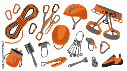 A flat design vector illustration features a collection of colorful climbing equipment such as ropes, helmets, harnesses, and shoes on a white background.