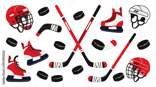 A collection of flat design icons representing ice hockey gear including helmets, skates, pucks, and crossed sticks on a white background.