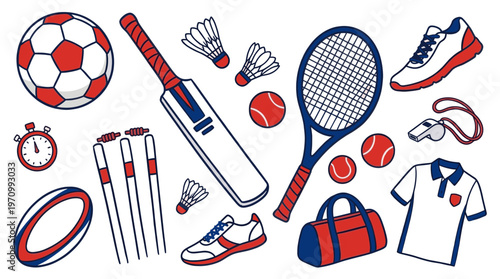 A flat vector illustration showcasing a variety of sports equipment in a red, white, and blue color scheme, perfect for design projects related to sports.