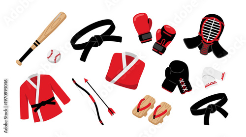 A vibrant, flat design collection of various sports equipment, including martial arts gear, boxing gloves, a baseball bat, and a bow and arrow, set against a clean white background.