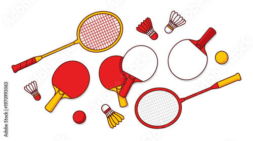 Collection of cartoon-style badminton rackets, shuttlecocks, ping pong paddles, and balls scattered on a white background.