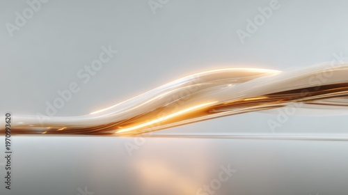 Abstract flowing shapes with luminous curves and dynamic light reflections, evoking a sense of motion and elegance in a minimalist environment
