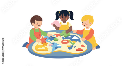 Three diverse children are happily playing together with a colorful world map puzzle on a large table, engaged in educational group learning.