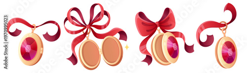 Locket with elegant bow and vintage frame design with delicate ribbon and coquette charm. Cute gold romantic pendant with lace for valentine wedding decor. Lovely whimsical necklace medallion.