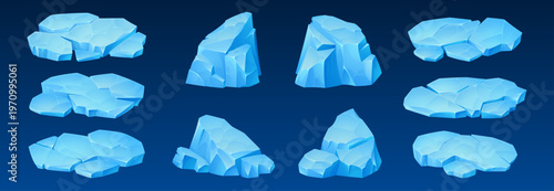 Ice glacier formations with iceberg shapes and snow covered mountain peaks. Arctic vector collection of frozen crystal elements, cartoon berg for game design and polar north themed projects.