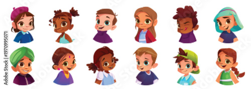 Child avatar collection - diverse cartoon faces with different hairstyles and expressions. Cute girl and boy icons for school projects, kindergarten designs and educational vector illustrations.