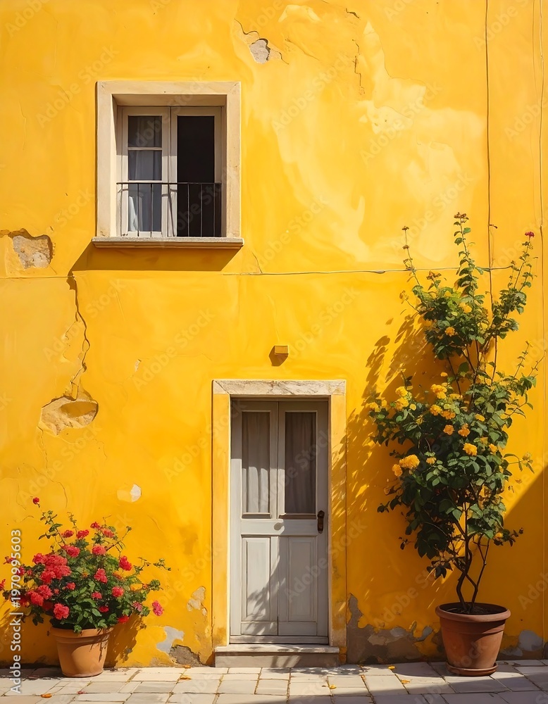 Fototapeta premium Charming Yellow Wall with Door, Window, and Flower Pots.