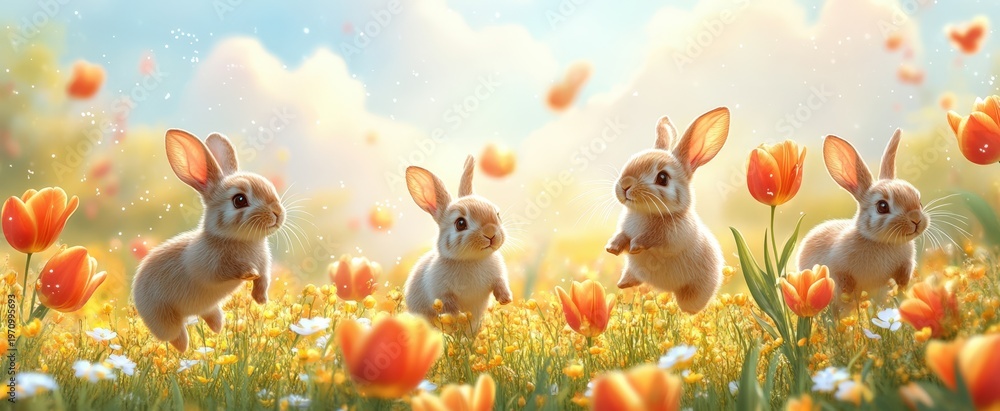 Naklejka premium Cartoon Easter Bunnies in Field of Flowers Background.