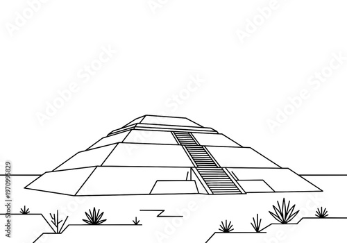 Teotihuacan Pyramid of the Sun Monoline Ancient Skyline Background