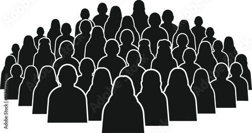 A dense crowd of anonymous figures forms a unified dark silhouette representing collective humanity and social connection in a stark visual