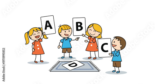 Four happy cartoon children are having fun learning the alphabet together while holding up large cards with the letters A, B, C, and D on them.