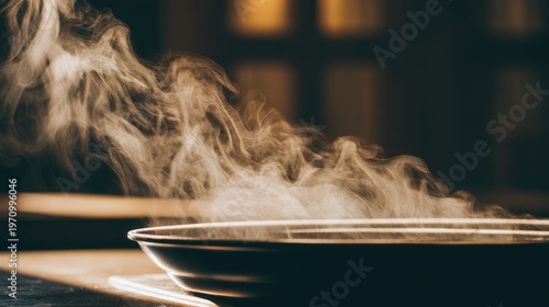 Steam Rising from Bowl in Cozy Kitchen Setting with Warm Lighting and Inviting Atmosphere for Culinary and Food Photography Projects