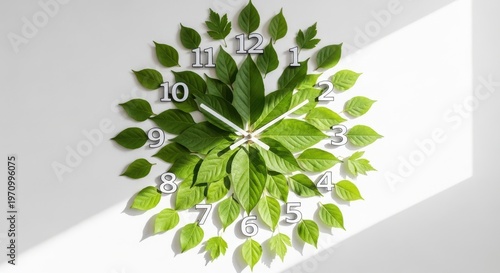 A creative clock made of green leaves on a white background