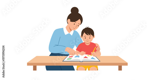 A teacher patiently guides a young student through a colorful picture book, helping him learn shapes at a wooden table.