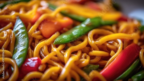 Vibrant Close-Up of Colorful Stir-Fried Noodles with Fresh Vegetables for Restaurant Menu or Culinary Presentation