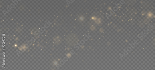 Yellow sparkling dust glows in night darkness, blending shimmer, sparkle, glitter bokeh. Twinkle particle, stardust highlights flare while sparks, glare, lens flare, magical PNG vector illustration.