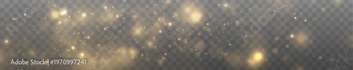 Yellow sparkling dust glows in night darkness, blending shimmer, sparkle, glitter bokeh. Twinkle particle, stardust highlights flare while sparks, glare, lens flare, magical PNG vector illustration.
