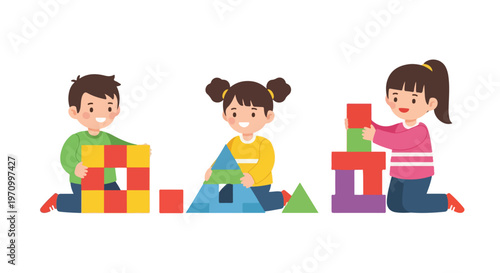 Three happy children sit on the floor playing with colorful geometric building blocks in a bright and playful vector illustration.