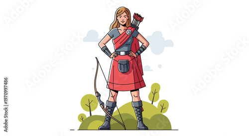 Female Archer Warrior with Bow and Arrows, Confident Stance, Outdoor Nature Background