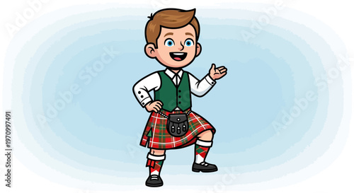 Happy boy in kilt dancing, Scottish traditional costume, cartoon style