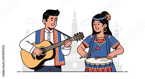 Musicians playing guitar and drum in traditional attire with cityscape background