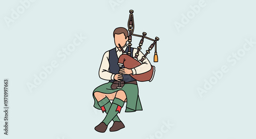 Man playing bagpipes, traditional Scottish kilt, folk music performance