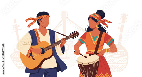 Musicians Playing Guitar and Drum, Ethnic Traditional Music Performance