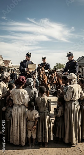 Union soldiers on horseback read emancipation proclamation to newly freed slaves in a southern town during the American Civil War era