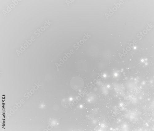White snow dust glows in soft light, sparkle, glitter, shimmer bokeh. Twinkle particle, stardust highlights flare. Festive magical sparks with snowflakes, glare, lens flare, PNG winter illustration.