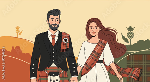 Scottish Couple in Traditional Tartan Kilts and Sashes, Holding Hands
