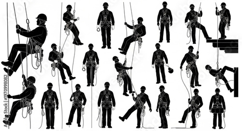 Collection of Silhouettes Illustrating Rock Climbing and Rappelling Techniques.