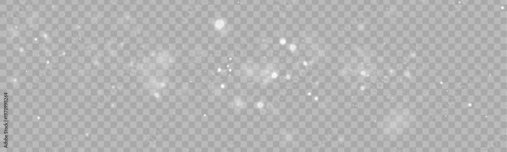 Naklejka premium White snowflake, winter wind, snowfall light bokeh with magical festive sparks stardust glare lens flare. Sparkle glitter dust glow particle shimmer twinkle highlights flare. PNG vector illustration.