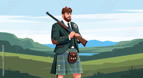 Scottish Highlander with Rifle in Highland Landscape