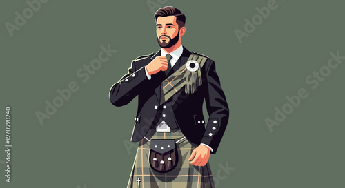 Scottish Man in Traditional Kilt and Suit Adjusting Tie
