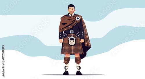 Scottish Man in Traditional Kilt and Tartan Outfit Standing Outdoors