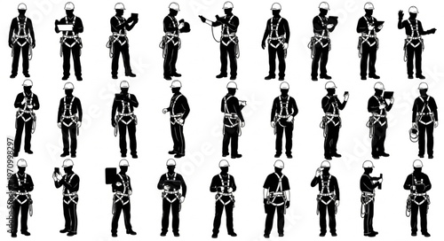 Collection of Silhouettes of Construction Workers in Safety Harnesses.