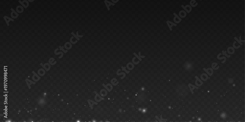 White snow dust radiant light, sparkle, shimmer, glitter bokeh. Twinkle particle stardust highlights flare. Magical festive sparks with snowflakes, glare, lens flare PNG vector winter illustration.