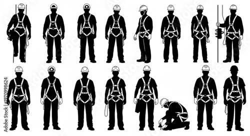 Collection of Silhouettes of Workers Wearing Safety Harnesses.