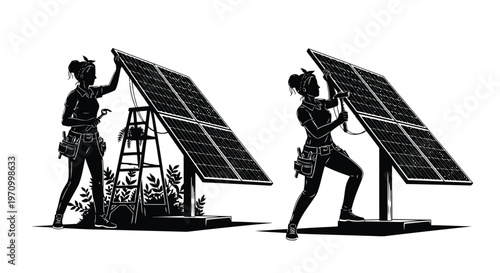 Two individuals installing large solar panels on rooftops for renewable energy.
