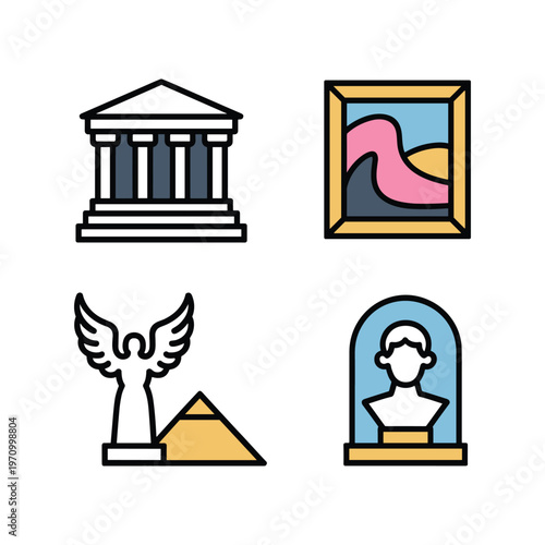Museum and Art Gallery Line Icons Set with Historical Monuments and Sculpture Symbols