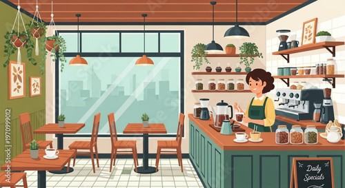 Cozy coffee shop interior, cafe vector illustration, restaurant design, modern eatery