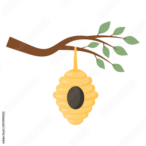 A cute vector illustration of a yellow hornet/wasp nest hanging from a tree branch with green leaves. Perfect for nature, spring, and summer designs