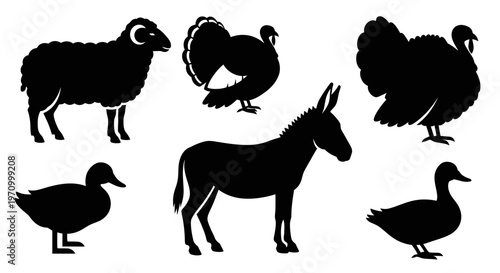 Farm Animals Silhouettes Collection - Sheep, Turkey, Duck, Donkey Vector Icons