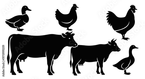 Farm Animals Silhouettes Collection: Cow, Chicken, and Duck Vector Icons