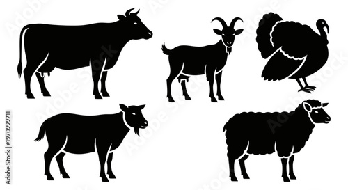 Farm Animals Silhouettes Collection: Cow, Goat, Sheep, and Turkey Vector Icons
