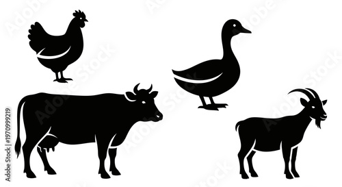 Farm Animals Silhouettes Collection: Chicken, Goose, Cow, and Goat Icons