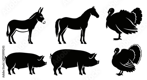 Farm Animals Silhouettes Collection: Donkey, Horse, Pig, Turkey Vector Icons