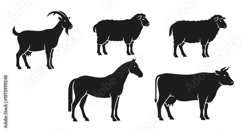 Farm Animals Silhouettes Collection: Goat, Sheep, Horse, and Cow Vector Icons