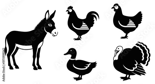 Farm Animals Silhouettes Collection: Donkey, Rooster, Hen, Duck, and Turkey Vector Icons
