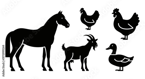 Farm Animals Silhouettes Collection: Horse, Chicken, Goat, and Duck Vector Icons